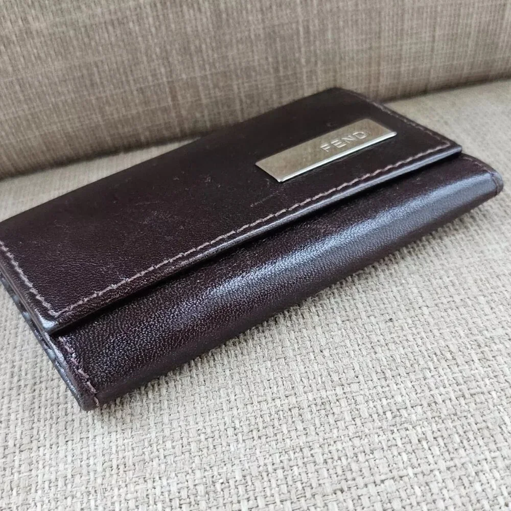 FENDI Keychain Brown Leather 6 Rings Keys Holder Keys Fob Bag Made in Italy